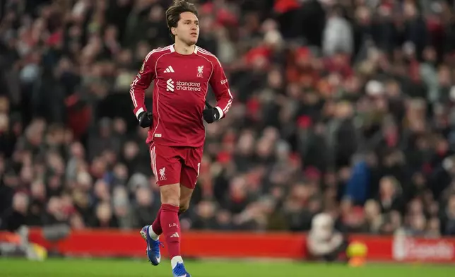 FILE - Liverpool's Federico Chiesa enters to the pitch during the English Premier League soccer match between Liverpool and Burnley in Liverpool, England, Saturday, Jan. 17, 2026. (AP Photo/Jon Super, File)
