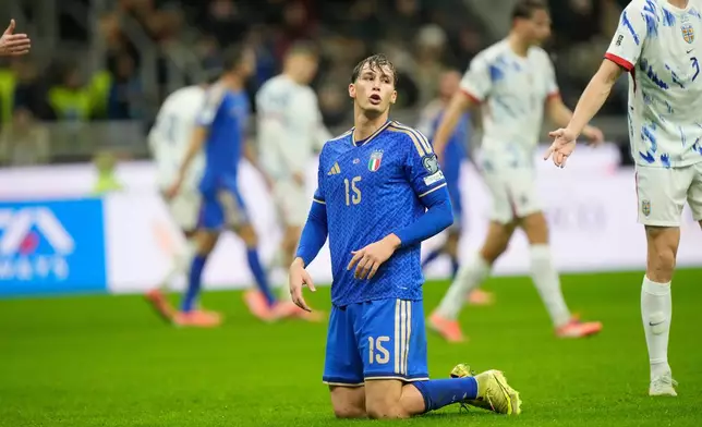 FILE -Italy's Pio Esposito reacts during the 2026 World Cup Group I qualifier soccer match between Italy and Norway in Milan, Italy, Nov. 16, 2025. (AP Photo/Luca Bruno, File)