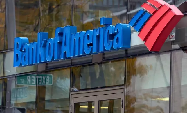 FILE - The Bank of America logo is seen on a branch office, Oct. 14, 2022, in Boston. (AP Photo/Michael Dwyer, File)
