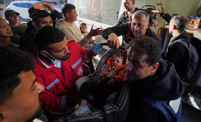 A group of toddlers return to Gaza more than two years after being evacuated as premature infants for medical treatment in Egypt, arriving at Nasser Hospital in Khan Younis, Gaza Strip, Monday, March 30, 2026. (AP Photo/Jehad Alshrafi)