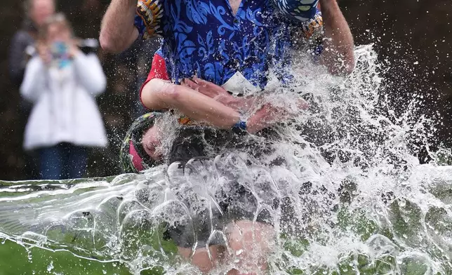 People take part in the annual UK Wife Carrying Race in Dorking, England, Sunday March 8, 2026. (Gareth Fuller/PA via AP)