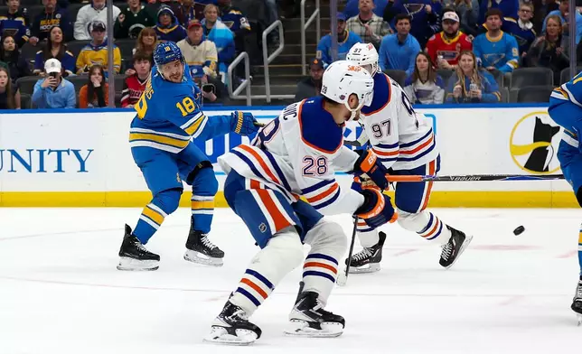 St. Louis Blues' Robert Thomas (18) shoots a goal past Edmonton Oilers' Jack Roslovic (28) and Connor McDavid (97) during overtime period of an NHL hockey game Friday, March 13, 2026, in St. Louis. (AP Photo/Scott Kane)