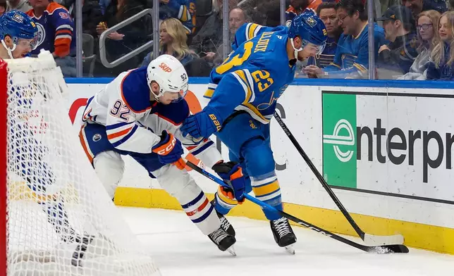 St. Louis Blues' Logan Mailloux (23) and Edmonton Oilers' Vasily Podkolzin (92) battle for control of the puckduring the first period of an NHL hockey game Friday, March 13, 2026, in St. Louis. (AP Photo/Scott Kane)