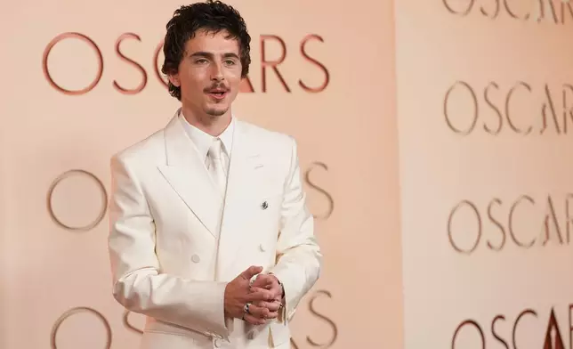 Timothée Chalamet arrives at the Oscars on Sunday, March 15, 2026, at the Dolby Theatre in Los Angeles. (AP Photo/Gregory Bull)