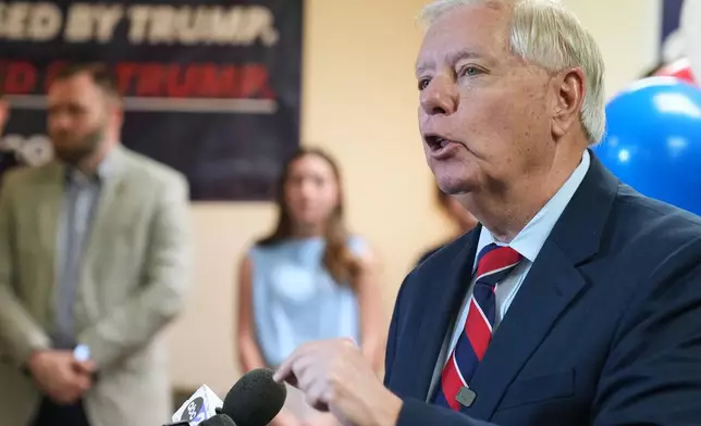 Sen. Lindsey Graham, R-S.C., speaks with supporters after filing his reelection paperwork Monday, March 16, 2026, in Columbia, S.C. (AP Photo/Meg Kinnard)