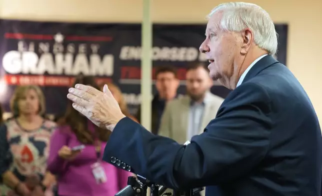Sen. Lindsey Graham, R-S.C., speaks with supporters after filing his reelection paperwork Monday, March 16, 2026, in Columbia, S.C. (AP Photo/Meg Kinnard)