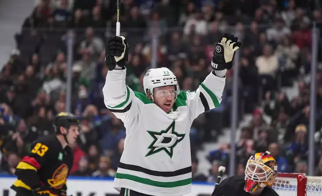 Dallas Stars' Adam Erne (73) celebrates his goal against Vancouver Canucks goalie Nikita Tolopilo during the first period of an NHL hockey game, in Vancouver, Monday, March 2, 2026. (Darryl Dyck/The Canadian Press via AP)