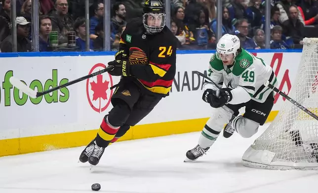 Vancouver Canucks' Zeev Buium (24) skates after the puck while being chased by Dallas Stars' Justin Hryckowian (49) during the second period of an NHL hockey game in Vancouver, British Columbia, Monday, March 2, 2026. (Darryl Dyck/The Canadian Press via AP)