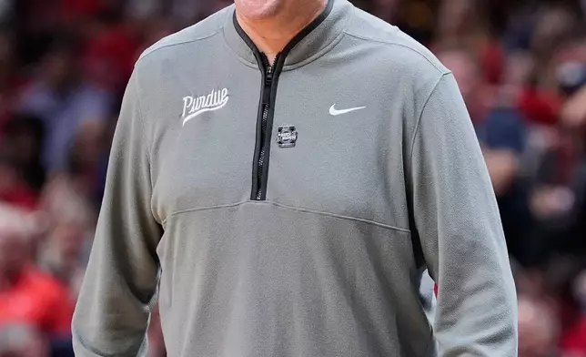 Purdue head coach Matt Painter reacts on the bench during the second half in the Elite Eight of the NCAA college basketball tournament against Arizona, Saturday, March 28, 2026, in San Jose, Calif. (AP Photo/Godofredo A. Vásquez)