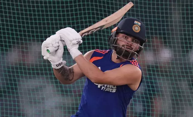 India's Rinku Singh bats during a practice session ahead of the T20 World Cup cricket final match against New Zealand in Ahmedabad, India, Saturday, March 7, 2026. (AP Photo/Ajit Solanki)