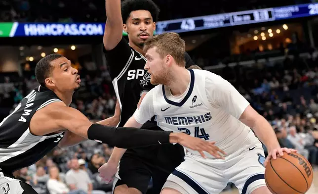 Memphis Grizzlies guard Cam Spencer (24) handles the ball against San Antonio Spurs forward Victor Wembanyama, left, and guard Dylan Harper, center, in the first half of an NBA basketball game Wednesday, March 25, 2026, in Memphis, Tenn. (AP Photo/Brandon Dill)