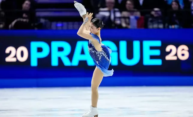 Mone Chiba from Japan competes during the women free skating at the Figure Skating World Championships in Prague, Czech Republic, Friday, March 27, 2026. (AP Photo/Petr David Josek)