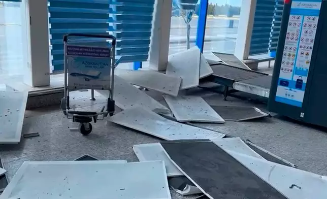 This image taken from a video shows damages at the Nakhchivan International Airport following what Azerbaijan's Foreign Ministry said was a drone attack carried out by Iran on its exclave of Nakhchivan, Azerbaijan, Thursday, March 5, 2026. (AP Photo)