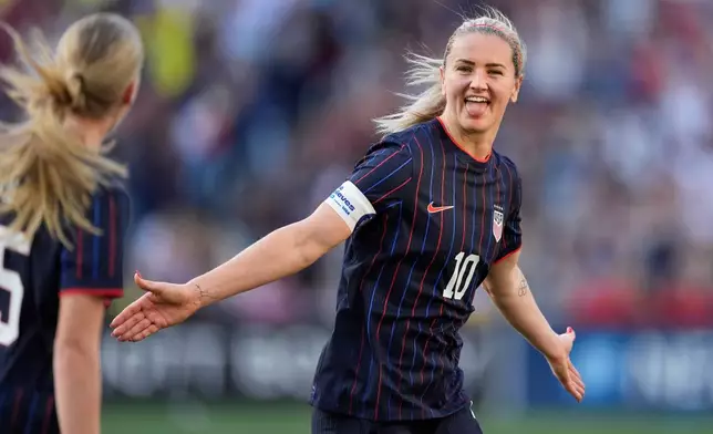 United States midfielder Lindsey Heaps (10) celebrates her goal during the first half of a SheBelieves Cup women's soccer tournament match against Argentina, Sunday, March 1, 2026, in Nashville, Tenn. (AP Photo/George Walker IV)