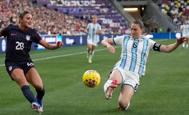 Argentina defender Aldana Cometti (6) deflects a ball kicked by United States defender Gisele Thompson (20) during the second half of a SheBelieves Cup women's soccer tournament match Sunday, March 1, 2026, in Nashville, Tenn. (AP Photo/George Walker IV)