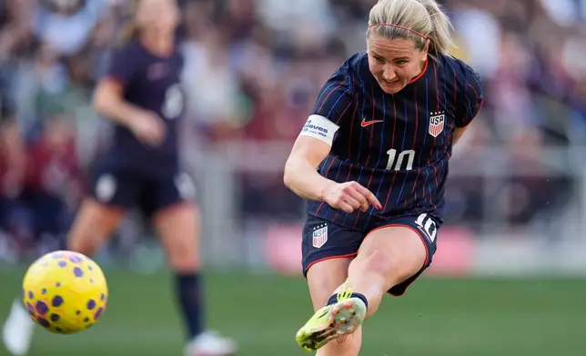 United States midfielder Lindsey Heaps (10) scores a goal during the first half of a SheBelieves Cup women's soccer tournament match against Argentina, Sunday, March 1, 2026, in Nashville, Tenn. (AP Photo/George Walker IV)