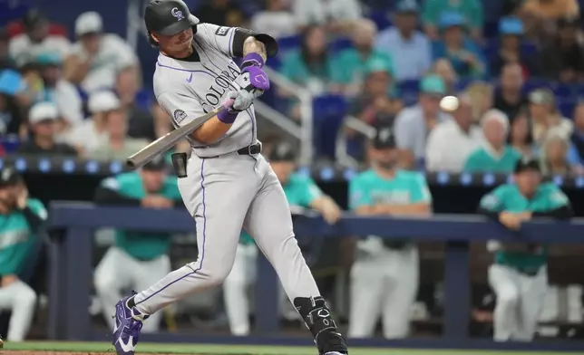 Colorado Rockies' Jordan Beck hits a RBI double to score three runs during the first inning of a baseball game against the Miami Marlins, Sunday, March 29, 2026, in Miami. (AP Photo/Lynne Sladky)