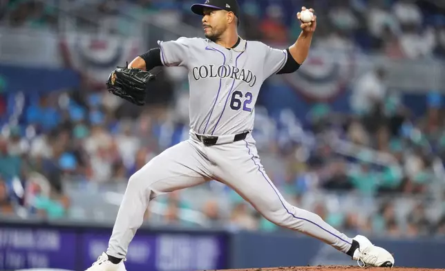 Colorado Rockies pitcher Jose Quintana (62) throws during the first inning of a baseball game against the Miami Marlins, Sunday, March 29, 2026, in Miami. (AP Photo/Lynne Sladky)