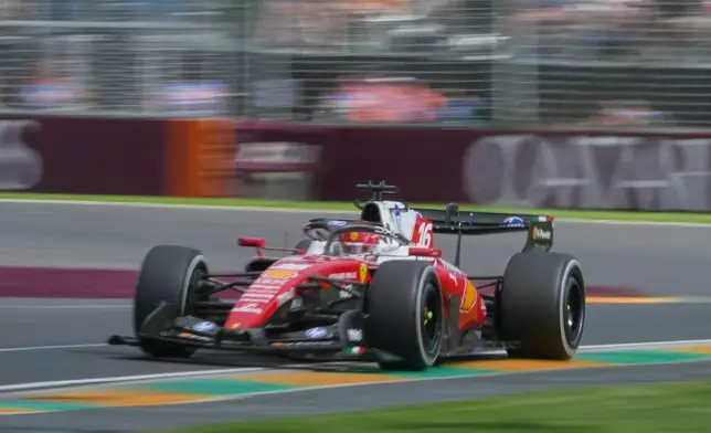 Ferrari driver Charles Leclerc of Monaco steers his car during the Australian Formula One Grand Prix at Albert Park, in Melbourne, Australia, Sunday, March 8, 2026. (AP Photo/Asanka Brendon Ratnayake)