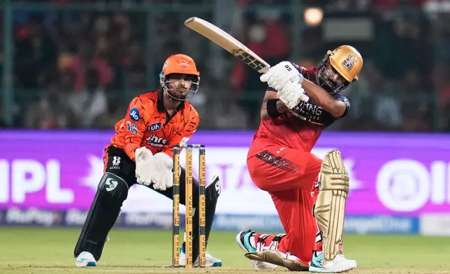 Royal Challengers Bengaluru's Devdutt Padikkal plays a shot during the Indian Premier League cricket match between Royal Challengers Bengaluru and Sunrisers Hyderabad in Bengaluru, India, Saturday, March 28, 2026. (AP Photo/Aijaz Rahi)