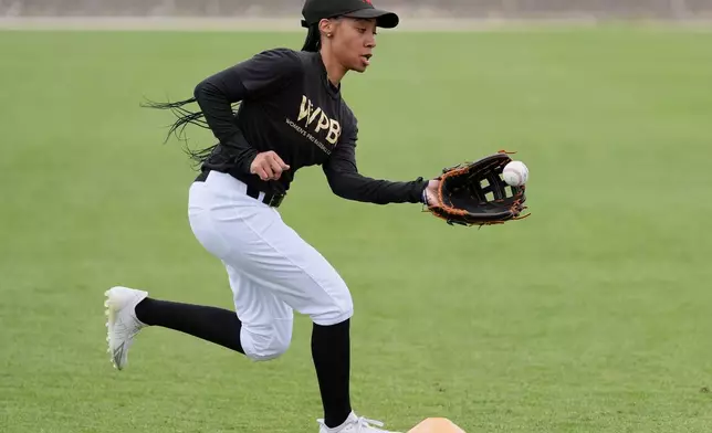 Mo'ne Davis fields a ball during a Women's Pro Baseball League (WPBL) practice, Wednesday, March 18, 2026, in Fort Myers, Fla. (AP Photo/Rebecca Blackwell)