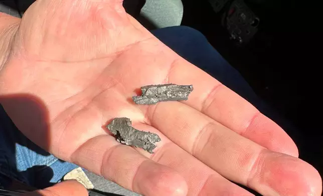 This photo provided by the California Highway Patrol shows shrapnel from live artillery that hit patrol vehicles during an Oct. 18, 2025, military celebration in San Diego. (California Highway Patrol via AP)