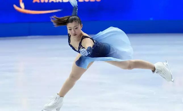 Kaori Sakamoto from Japan skates during the women¥s short program at the Figure Skating World Championships in Prague, Czech Republic, Wednesday, March 25, 2026. (AP Photo/Petr David Josek)
