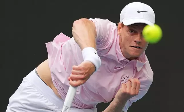 Jannik Sinner of Italy serves against Jiri Lehecka of the Czech Republic in the men's singles final at the Miami Open tennis tournament, Sunday, March 29, 2026, in Miami Gardens, Fla. (AP Photo/Rebecca Blackwell)