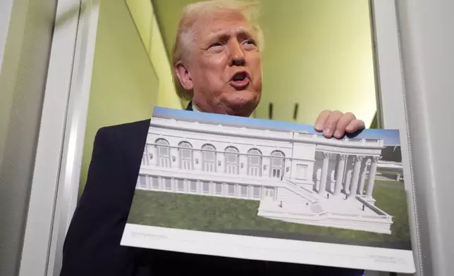 President Donald Trump holds a rendering of the proposed new East Wing of the White House as he speaks to reporters aboard Air Force One en route from West Palm Beach, Fla., to Joint Base Andrews, Md., Sunday, March 29, 2026. (AP Photo/Mark Schiefelbein)