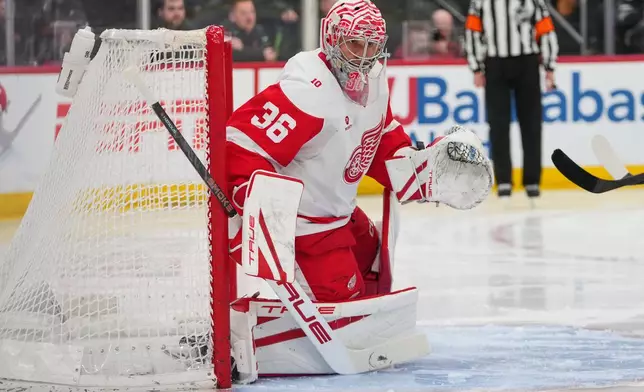 Detroit Red Wings goaltender John Gibson (36) protects the net during the second period of an NHL hockey game against the New Jersey Devils Sunday, March 8, 2026, in Newark, N.J. (AP Photo/Frank Franklin II)