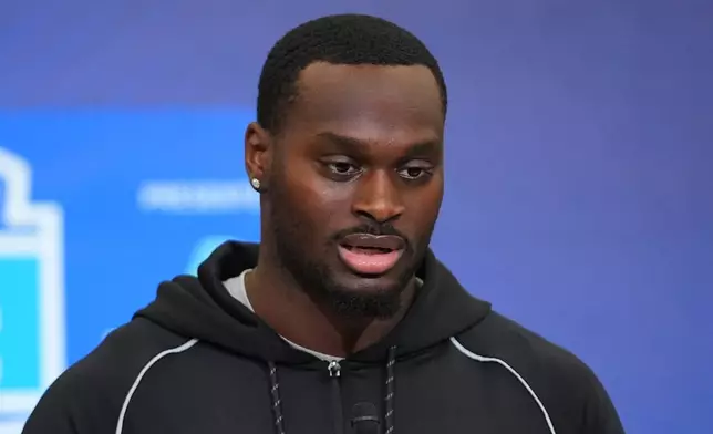Notre Dame running back Jeremiyah Love speaks during a news conference at the NFL football scouting combine in Indianapolis, Friday, Feb. 27, 2026. (AP Photo/Julio Cortez)