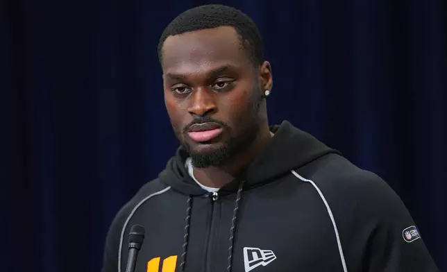 Notre Dame running back Jeremiyah Love speaks during a news conference at the NFL football scouting combine in Indianapolis, Friday, Feb. 27, 2026. (AP Photo/Julio Cortez)