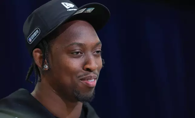 Penn State running back Kaytron Allen speaks during a news conference at the NFL football scouting combine in Indianapolis, Friday, Feb. 27, 2026. (AP Photo/Julio Cortez)