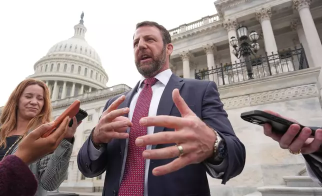 Sen. Markwayne Mullin, R-Okla., speaks to reporters at the Capitol in Washington, Thursday, March 5, 2026. (AP Photo/J. Scott Applewhite)