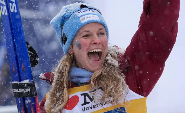 United States' Jessie Diggins reacts after the women's World Cup Finals Interval Start 10 km Classic cross country skiing race Friday, March 20, 2026, in Lake Placid, N.Y. (AP Photo/Robert F. Bukaty)