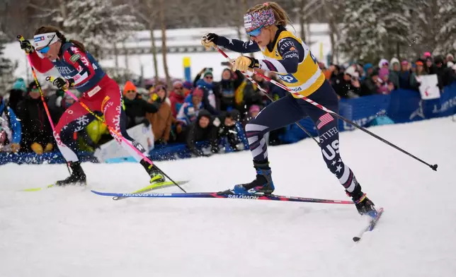 United States' Jessie Diggins, right, competes during the women's World Cup Finals Sprint Free cross country skiing race Saturday, March 21, 2026, in Lake Placid, N.Y. (AP Photo/Robert F. Bukaty)