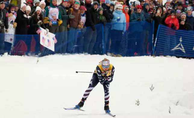 United States' Jessie Diggins competes during the women's World Cup Finals Sprint Free cross country skiing race Saturday, March 21, 2026, in Lake Placid, N.Y. (AP Photo/Robert F. Bukaty)