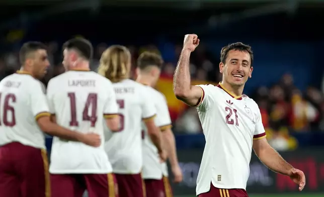 Spain's Mikel Oyarzabal celebrates after scoring his side's second goal during the international friendly soccer match between Spain and Serbia in Villarreal, Spain, Friday, March 27, 2026. (AP Photo/Alberto Saiz)