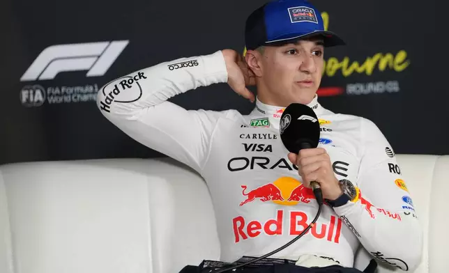 Red Bull driver Isack Hadjar of France speaks at a press conference following his third placed finish in the qualifying session for the Australian Formula One Grand Prix at Albert Park, in Melbourne, Australia, Saturday, March 7, 2026. (AP Photo/Asanka Brendon Ratnayake)