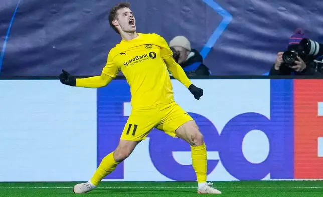 Bodo/Glimt's Ole Didrik Blomberg celebrates after scoring their side's second goal of the game during the Champions League soccer match between Bodo/Glimt and Sporting Lisbon, in Bodo, Norway, Wednesday March 11, 2026. (Fredrik Varfjell/NTB Scanpix via AP)