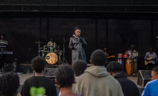 Rapper Clem Cleopatre performs in Goma, Democratic Republic of Congo, Saturday, March 28, 2026. (AP Photo/Moses Sawasawa)