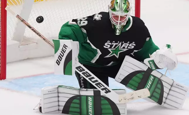 Dallas Stars goaltender Jake Oettinger defends the goal during the third period of an NHL hockey game against the Nashville Predators Saturday, Feb. 28, 2026, in Dallas. (AP Photo/LM Otero)