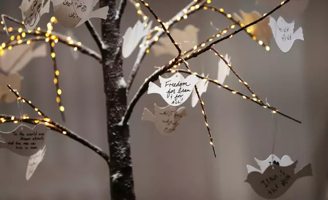 Hand written messages are posted on a tree, part of a dedicated memorial space for the lives lost in Iran, during a gathering in New York, on Saturday, March 14, 2026, for the upcoming Nowruz, Iranian/Persian New Year's day. (AP Photo/Heather Khalifa)