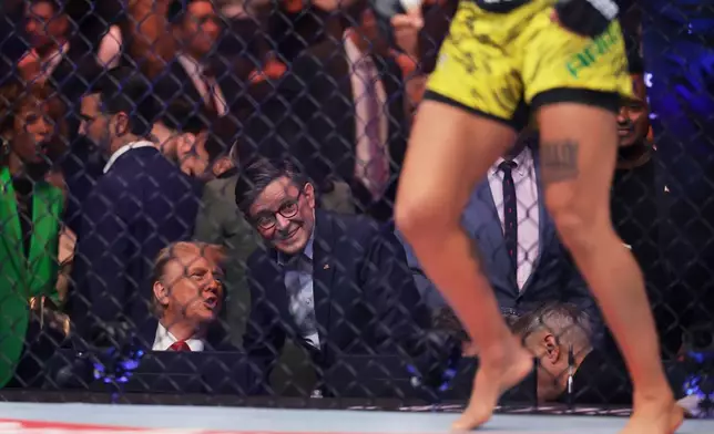 FILE - President-elect Donald Trump talks to House Speaker Mike Johnson, R-La., at a UFC 309 mixed martial arts flyweight title bout, Nov. 16, 2024, in New York. (AP Photo/Adam Hunger, File)