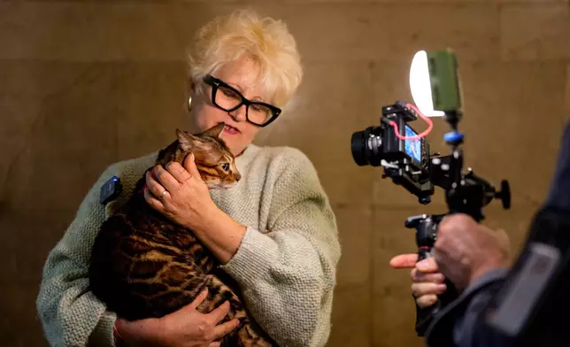 A woman holds Tristan, a Bengal cat, while being interviewed at an international feline beauty competition, dubbed the Feline Oscars, featuring more than 200 cats, in Bucharest, Romania, Saturday, March 21, 2026. (AP Photo/Andreea Alexandru)
