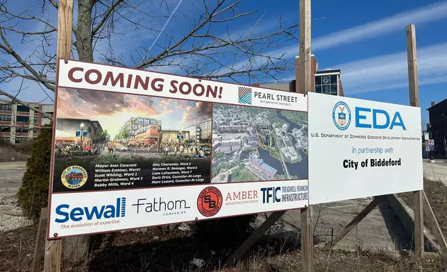 Schematics for an affordable housing project are posted Tuesday, March 17, 2026, in Biddeford, Maine. (AP Photo/Patrick Whittle)