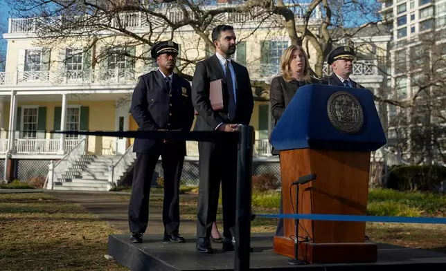 New York Police commissioner Jessica Tisch speaks during a news conference with New York Mayor Zohran Mamdani at Gracie Mansion, Monday, March 9, 2026, in New York. (AP Photo/Angelina Katsanis)