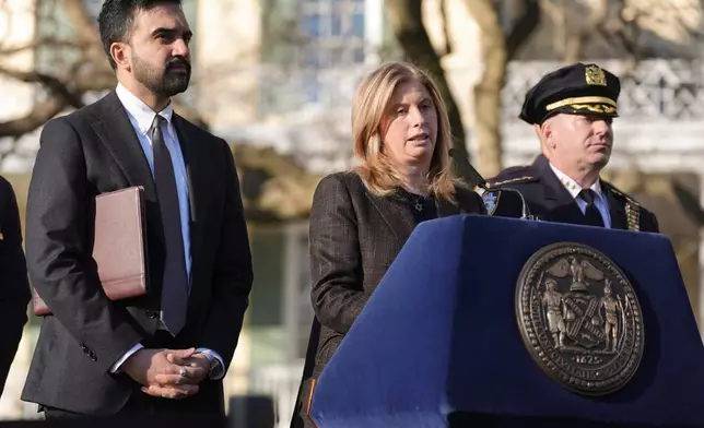 New York Police commissioner Jessica Tisch speaks during a news conference with New York Mayor Zohran Mamdani at Gracie Mansion, Monday, March 9, 2026, in New York. (AP Photo/Angelina Katsanis)
