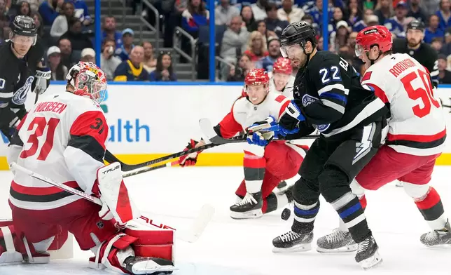 Carolina Hurricanes goaltender Frederik Andersen (31) stops a shot by Tampa Bay Lightning right wing Oliver Bjorkstrand (22) during the second period of an NHL hockey game Saturday, March 14, 2026, in Tampa, Fla. (AP Photo/Chris O'Meara)