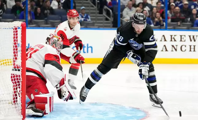 Tampa Bay Lightning center Zemgus Girgensons (28) loses control of the puck in front of Carolina Hurricanes goaltender Frederik Andersen (31) during the second period of an NHL hockey game Saturday, March 14, 2026, in Tampa, Fla. (AP Photo/Chris O'Meara)